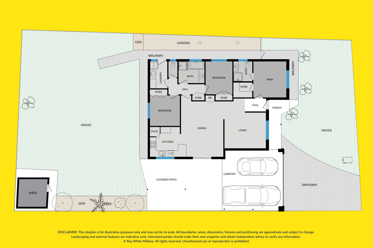 Site and floorplan showing the living rooms, bedrooms, covered patio, carport, garden and shed